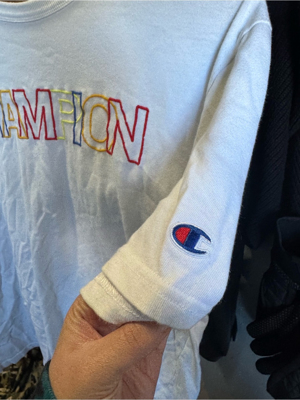 Vintage Champion Men's White Long Sleeve Tee with Multicolor Outline Logo